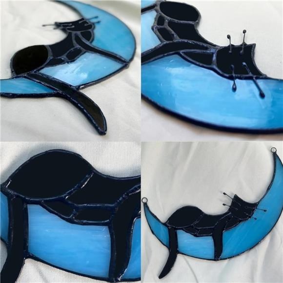 Stained Glass Cat on Moon, Sleeping Cat, Handcrafted Black Cat Suncatchers - Picture 3 of 6